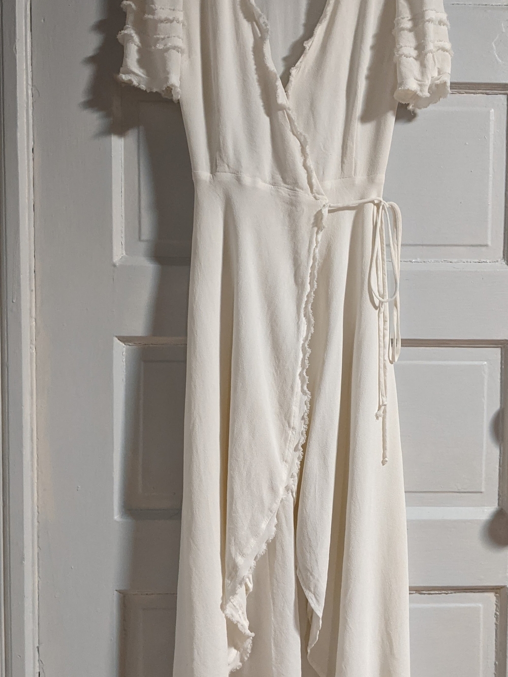 Reformation Cream Asymmetrical Wrap Dress with Ruffle Edge